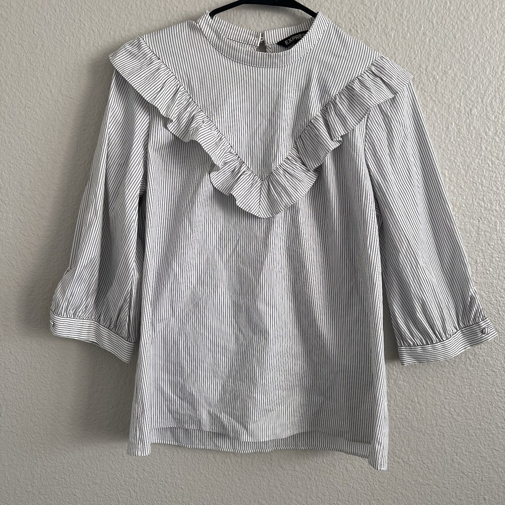 Express Women's Medium Striped Puff 3/4 Sleeve Ruffle Chic Feminine Street